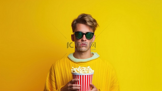 时尚的年轻人在充满活力的黄色墙壁上戴着 3D 眼镜享用爆米花