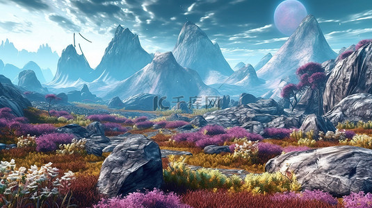 星球群背景图片_3D ai 渲染中壮观的外星地形山地植物群未来派天际线