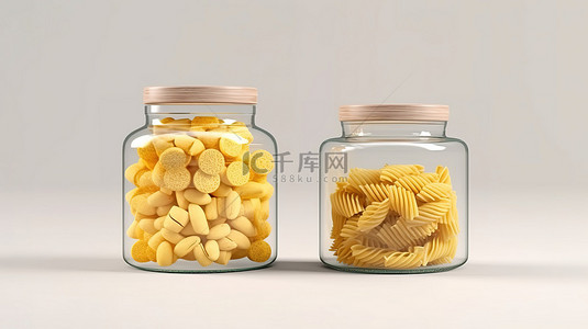 装满面食的玻璃罐的 3D 渲染非常适合您的设计理念