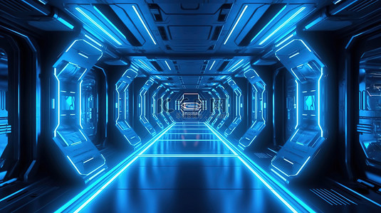 未来走廊蓝色霓虹激光光线照亮 3D 渲染中的高科技宇宙飞船