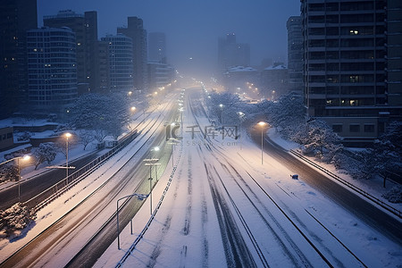 雪下路灯背景图片_城市雪下的道路