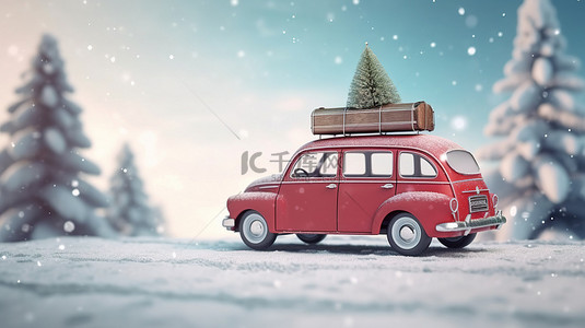 屋顶上有圣诞树的老式红色汽车非常适合度假旅行 3D 渲染