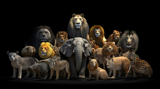 黑色 3D 和插画背景下的各种未驯服的动物园野生动物