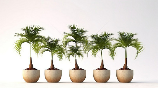 绿叶子植物背景图片_白色背景展示了多个 3D 渲染的棕榈树从一个绿盆中生长出来