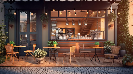 前台前台柜子背景图片_咖啡店或餐厅外观的 3D 插图