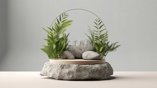 受自然启发的岩石讲台的 3D 插图，用于展示产品并促进放松和健康