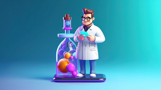 一位男医生在智能手机屏幕上拿着大注射器的卡通风格 3D 插图