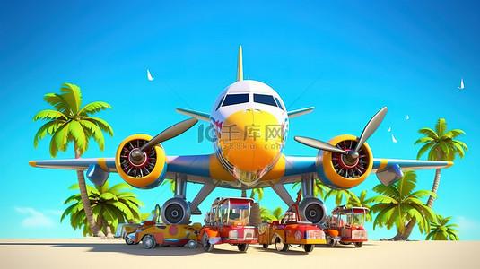 卡通飞机背景图片_假期横幅装饰着令人惊叹的 3D 渲染卡通飞机