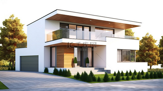 国潮计划背景图片_时尚的住宅，带有附加车库，在白色背景上以 3D 渲染