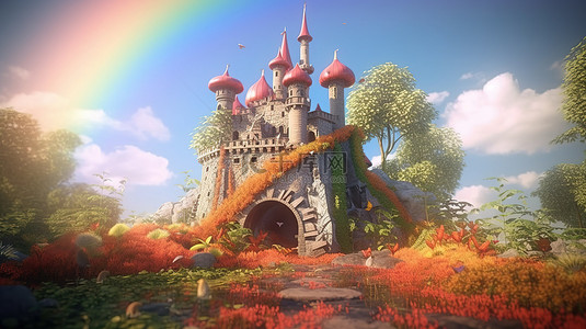 迷人的城堡坐落在异想天开的森林中，以 3D 插图的彩虹蘑菇和石头为特色