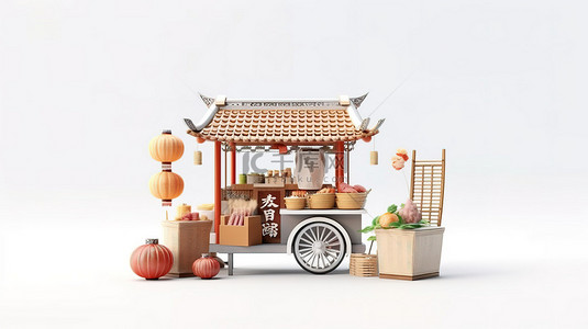 粘土风格 3D 渲染木制亚洲街头食品肉丸面条车，白色背景上有椅子