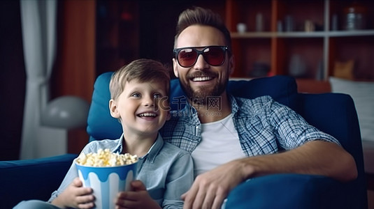 快乐的孩子背景图片_父子二人在沙发上享受爆米花 3D 电影