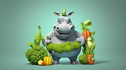 欢快的犀牛卡通举着一个标牌，周围环绕着悬浮的蔬菜