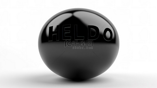 白色背景上字形黑色气球问候世界的 3D 插图
