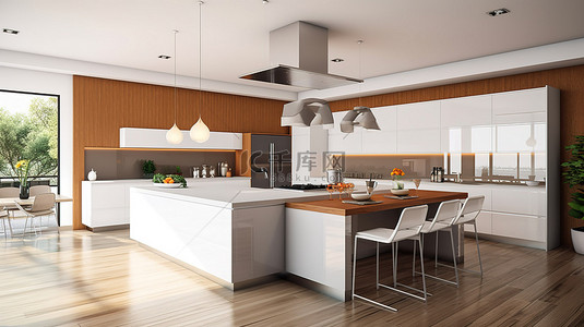 组织融合背景图片_现代厨房装饰采用棕色和白色家具美学和生活方式主题 3D 渲染的别致融合