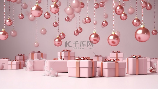 花环粉背景图片_3D 渲染的壁挂式小玩意形状礼品盒，配有柔和的粉色花环和节日装饰品