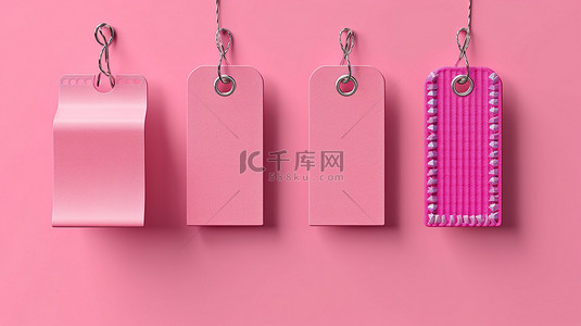 服装吊牌背景图片_在孤立的粉红色背景上排列的服装标签的 3D 渲染