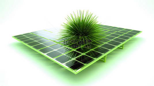 绿色能源科技背景图片_3d 太阳能电池板与太阳光线在绿色能源概念白色背景隔离