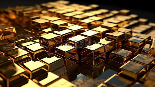 作为国家安全网和储备基金堆积的金条的 3D 渲染