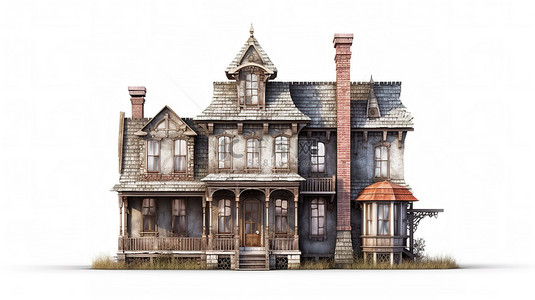 老房子背景图片_维多利亚风格的住宅 3D 渲染插图，展示了白色背景下具有独特功能的老房子