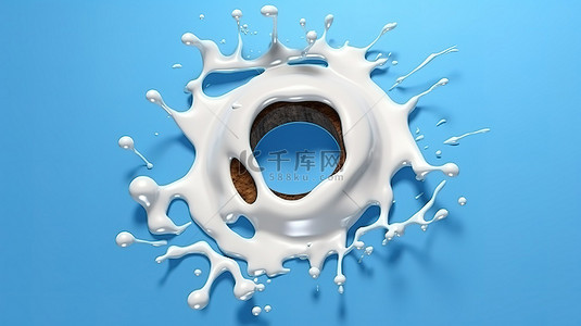 牛奶流体背景图片_蓝色背景 3d 渲染上隔离的牛奶飞溅圈