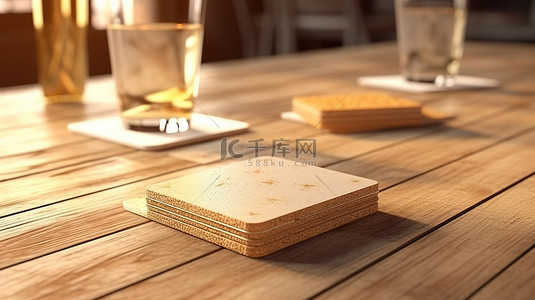方行标签背景图片_放置在木桌上的软木垫啤酒杯垫样机的 3D 渲染