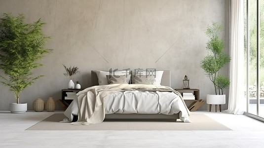 斯堪的纳维亚简约卧室样机灰色床与白色图案墙 3D 渲染
