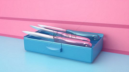 光滑的蓝色菜刀套装在盒子中，在双色调风格 3D 渲染的粉红色背景上展示