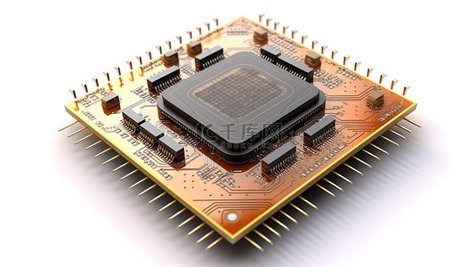 白色背景下电路嵌入式微芯片 CPU 处理器的 3D 渲染