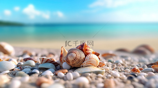 沙滩海洋夏日风景背景图片_沙滩上的各种贝壳，3D 渲染中雄伟的蓝色海洋