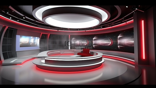 3D 虚拟新闻演播室，墙上显示电视节目