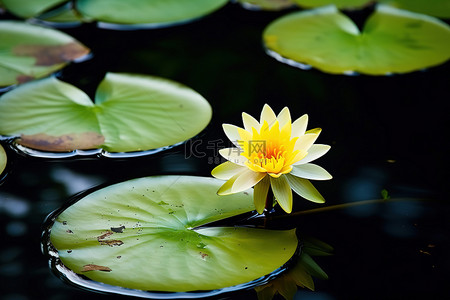 一朵黄色的花漂浮在湖面上