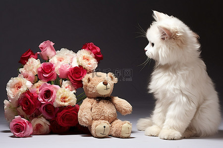 动物的拥抱背景图片_猫一边看着五颜六色的花朵，一边被一只白色泰迪熊拥抱，花束里有粉色和白色的花朵