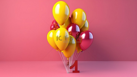 3d 渲染一堆附有 14 号庆祝活动的气球