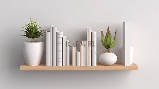 白色陶瓷盆栽植物在 3D 渲染中装饰木制书架