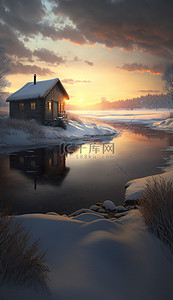 冬季日出小屋美丽背景