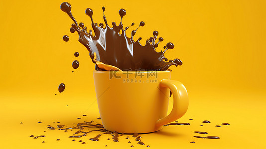 黄色背景上从杯子溢出的咖啡的 3D 插图