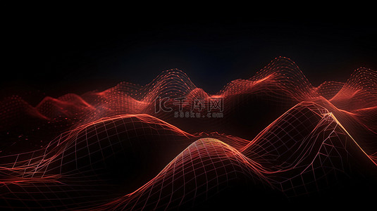 计算机生成的抽象波由具有红线和点的相互连接的多边形组成