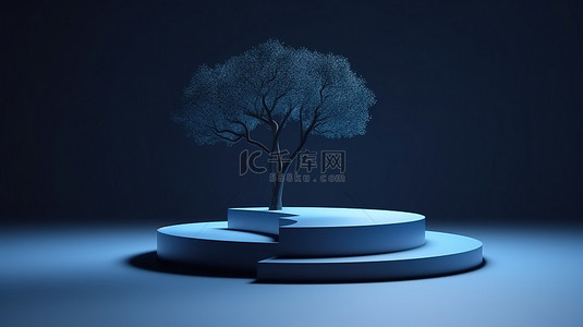 树影投射在蓝色曲线台阶上，背景模糊，是一个令人惊叹的抽象模型，用于展示产品或以 3D 专业渲染的销售演示