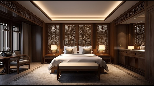 床中式背景图片_度假酒店的豪华中式卧室套房令人惊叹的 3D 渲染