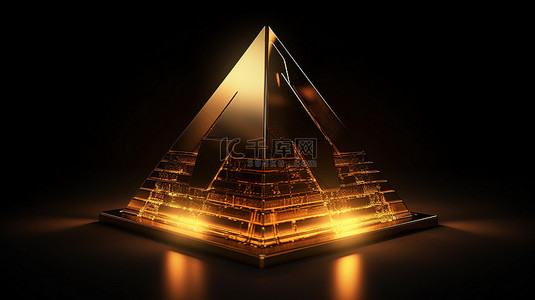 3d 渲染在黑暗中发光的金色金字塔