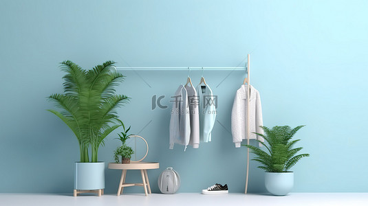 挂壁空调背景图片_柔和的蓝色背景，带有挂在架门和植物上的衣服的 3D 渲染