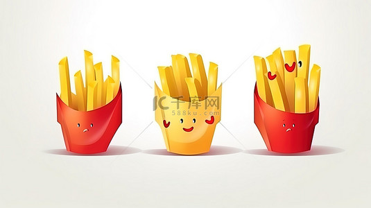 3D 炸薯条的卡通图标与辣椒酱高级隔离设计平面风格