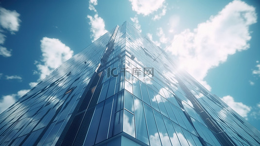 城市建筑高楼背景背景图片_令人惊叹的未来摩天大楼低角度视角，Windows 3D 渲染上有云反射