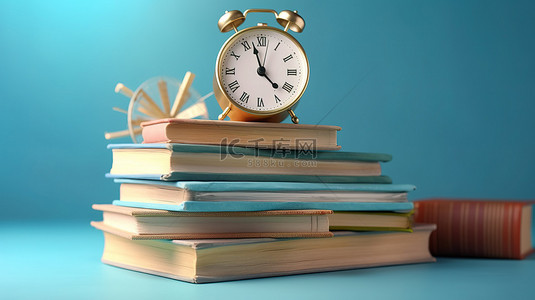 蓝色教学背景图片_代表教育概念的书籍和时钟的蓝色背景 3D 视觉效果