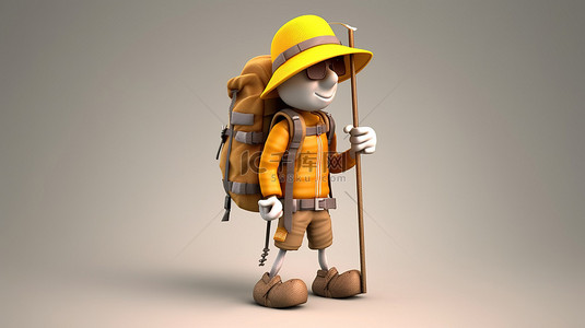 3D 渲染中带着登山杖的顽皮徒步旅行者