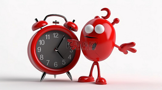 卡通时间背景图片_一个人物吉祥物的 3D 渲染，该吉祥物拿着一个闹钟，白色背景上有红色禁止标志