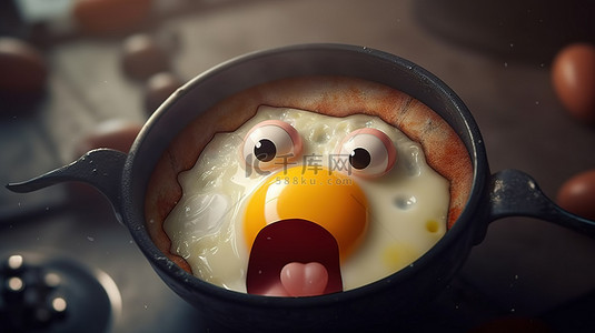 搞笑的 3D 艺术作品描绘了煎锅中受惊的鸡蛋，非常适合复活节主题设计
