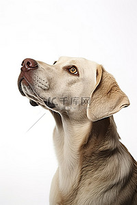 一只灰色拉布拉多猎犬正在抬头看着一个白色的工作室