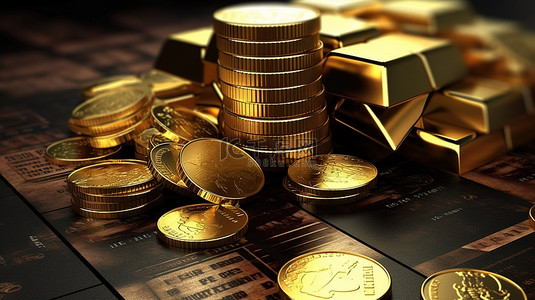 黄金股票投资盈利交易的 3D 插图